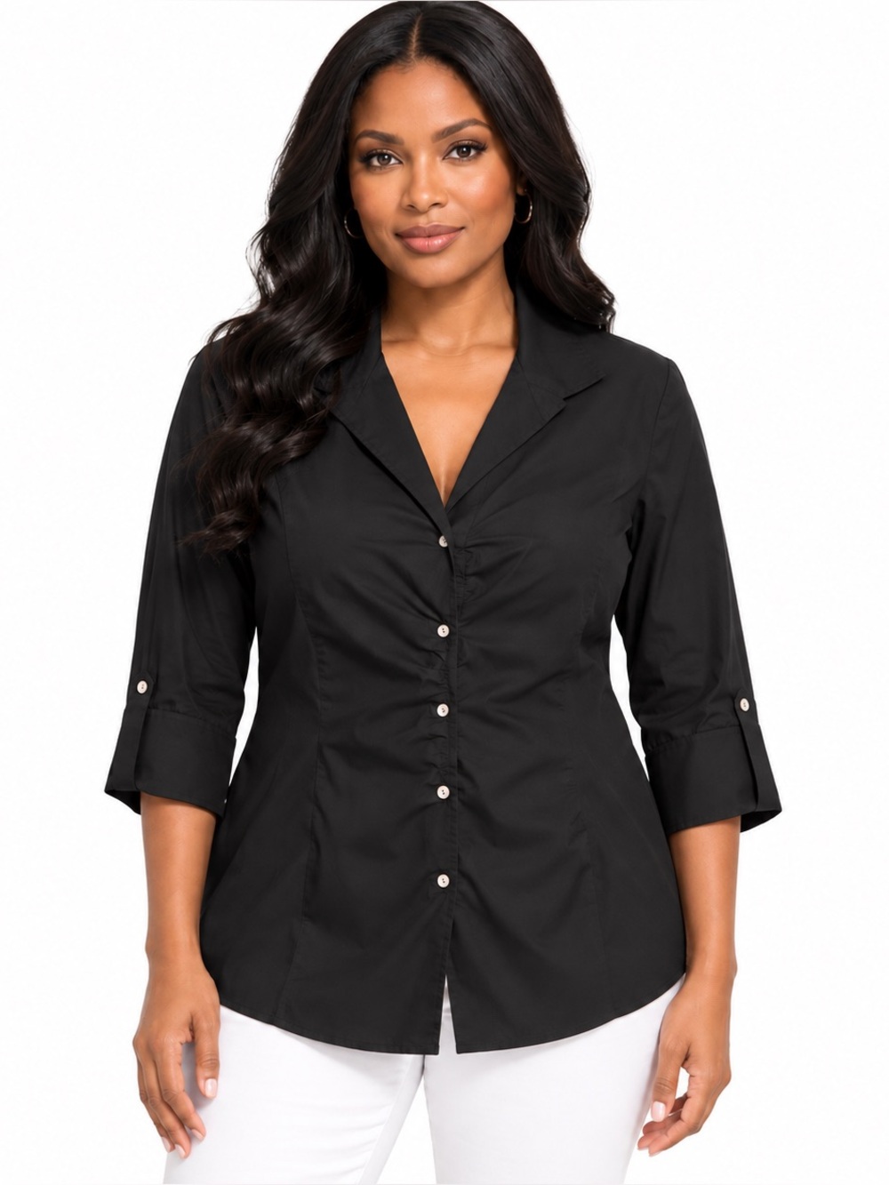 LAFAYETTE 148 NEW YORK Black Ruched Stretch Cotton Blouse Size 14